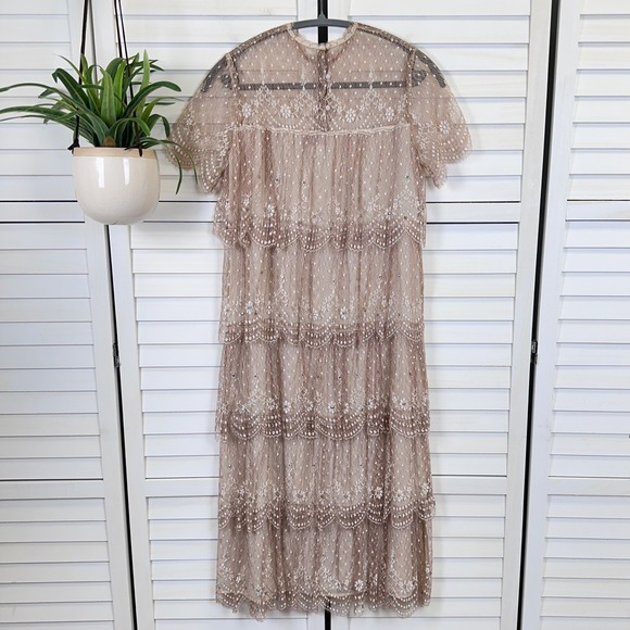 Vtg 80s Rina di Montella Silk Lace Tiered‎ Midi Dress Tan Rhinestone Size 6 - Picture 6 of 9